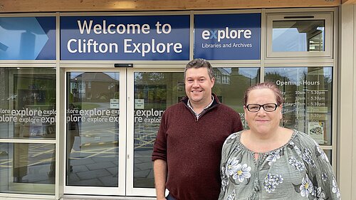 Sam Waudy and Derek Wann outside the new Clifton Explore librar