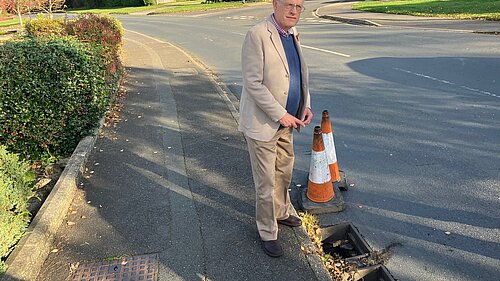 Richard Watson with some of the missing gulley covers on Moor Lane in Haxby